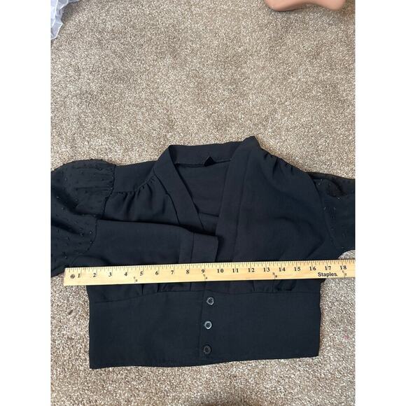 Unity Swiss Dot Lantern Sleeve Blouse button up puff sleeve cropped black SZ S - Picture 7 of 7
